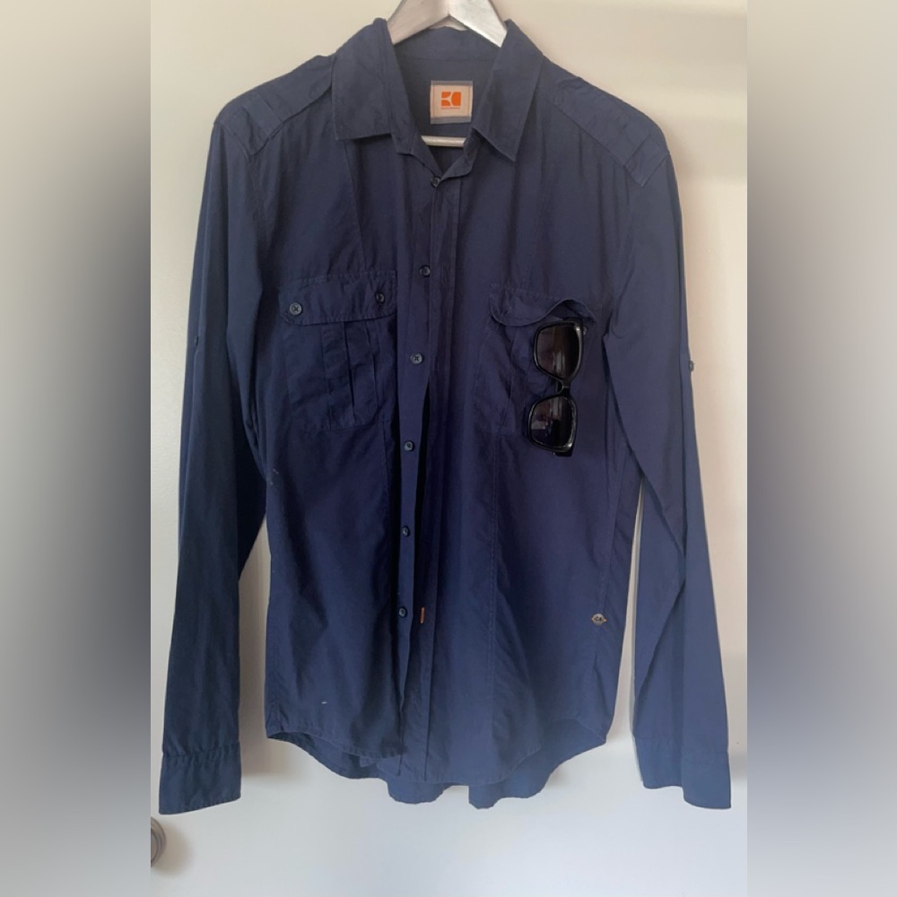 BOSS ORANGE LOGO LONG SLEEVE BLUE/NAVY MENS SHIRT BUTTON DOWN SIZE POCKETS